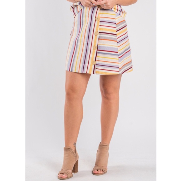 Lush Rainbow Striped Front Button Linen Micro Mini Skirt - Picture 2 of 8